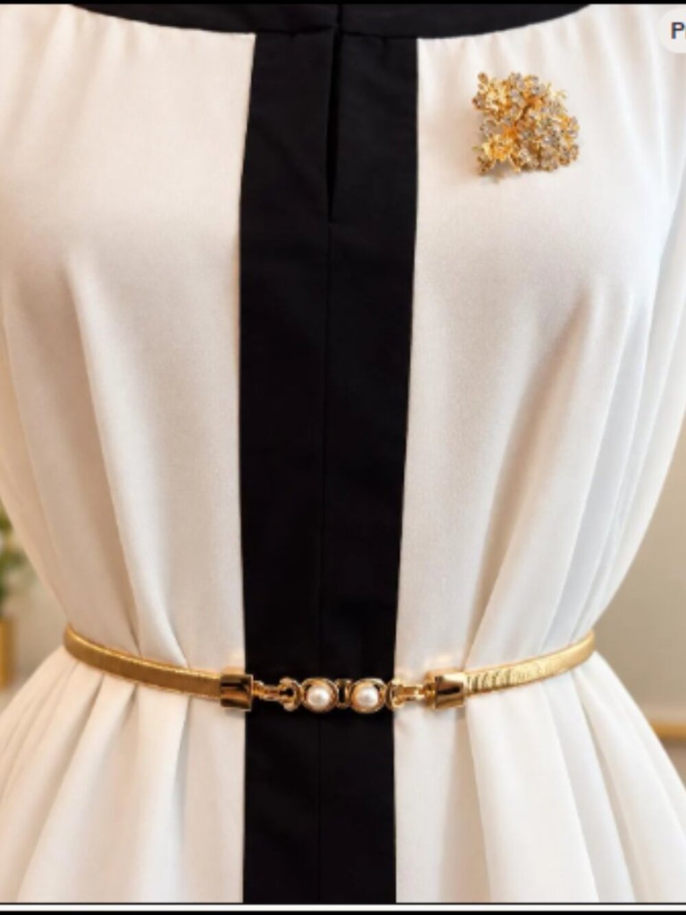 Gold Elastic Waist Belt with Faux Pearl Buckle – Women’s Dress Belt